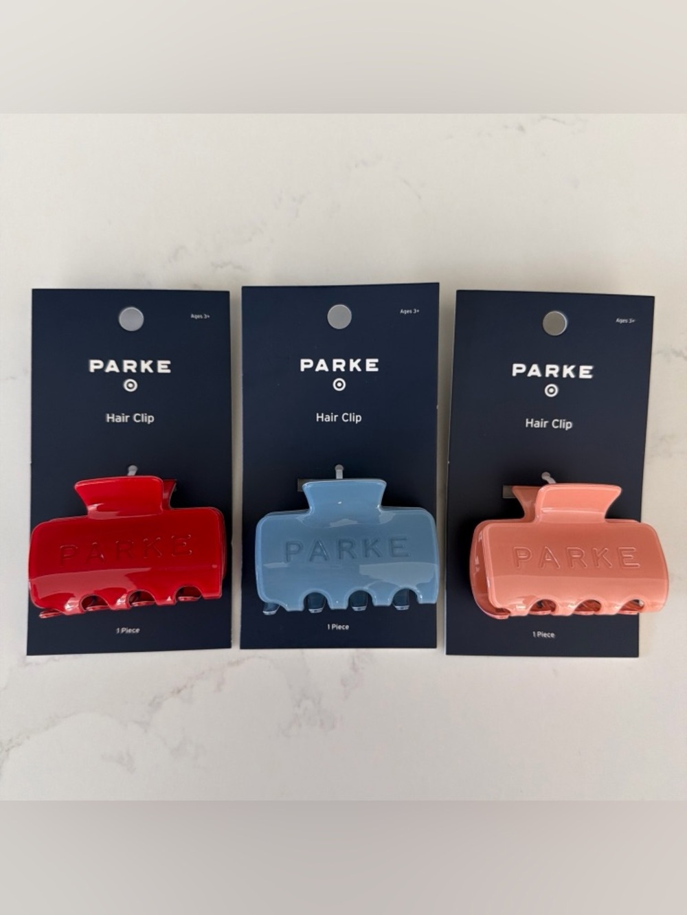 Three NEW Parke x Target Claw Clips in Red, Light Blue, Peach Orange